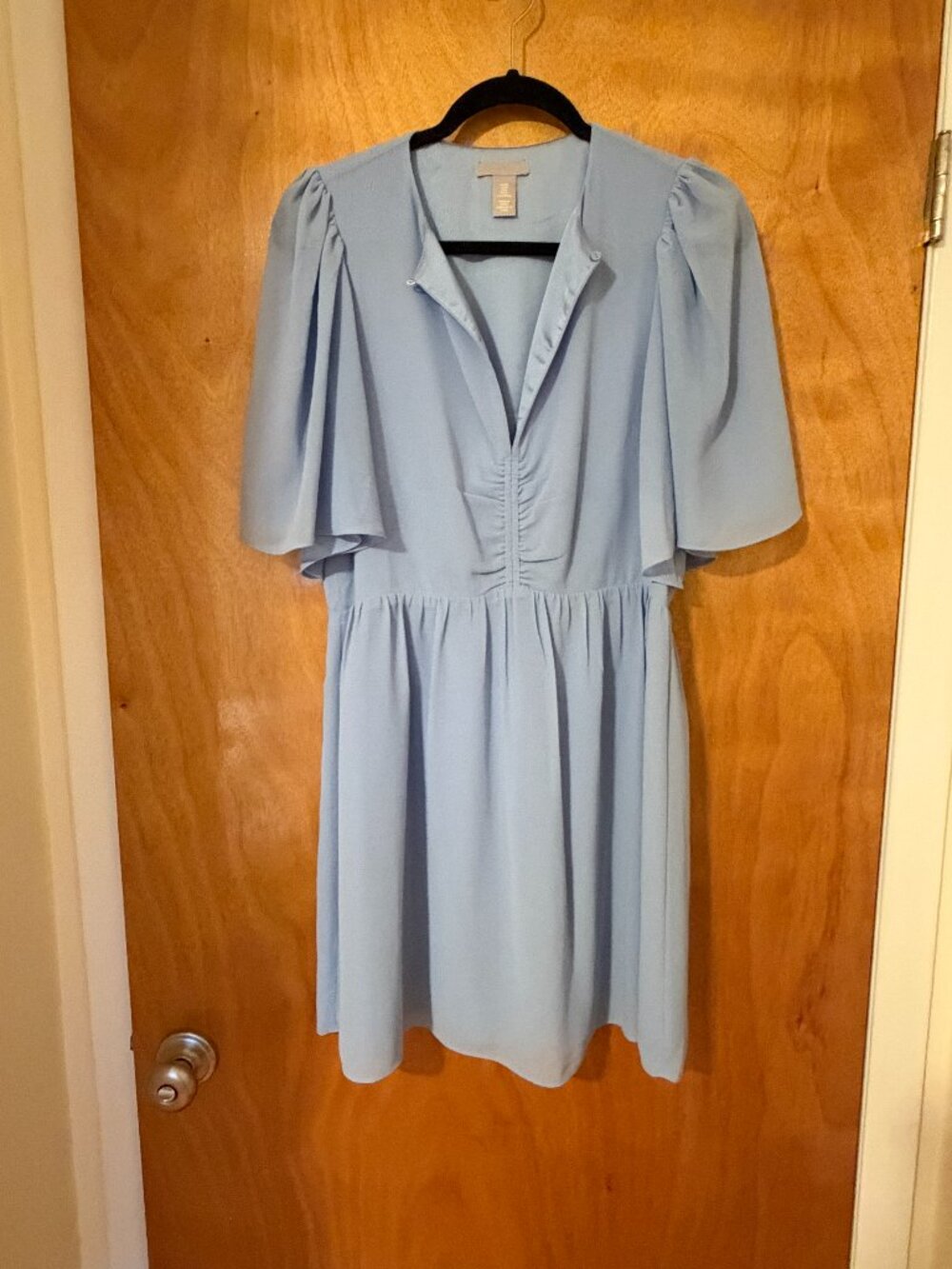 H&M Light Blue Butterfly Sleeve Mini Dress Flutter Sleeve Ruched Fit & Flare M